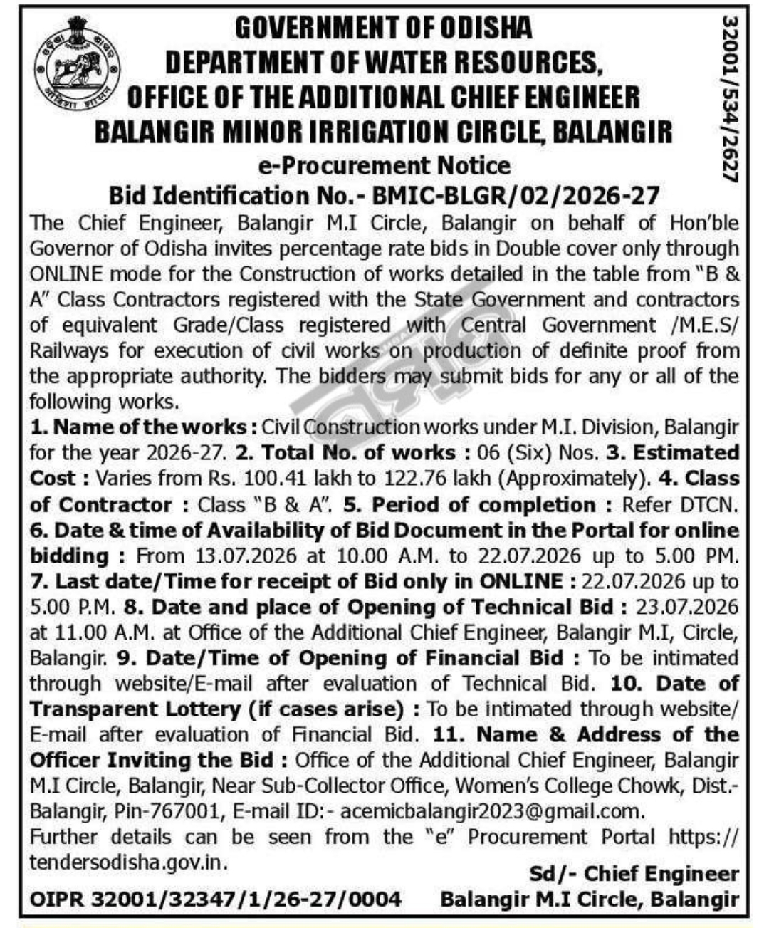 Odisha Water Resources Department Invites e-Tenders for Civil Construction Works in Balangir
