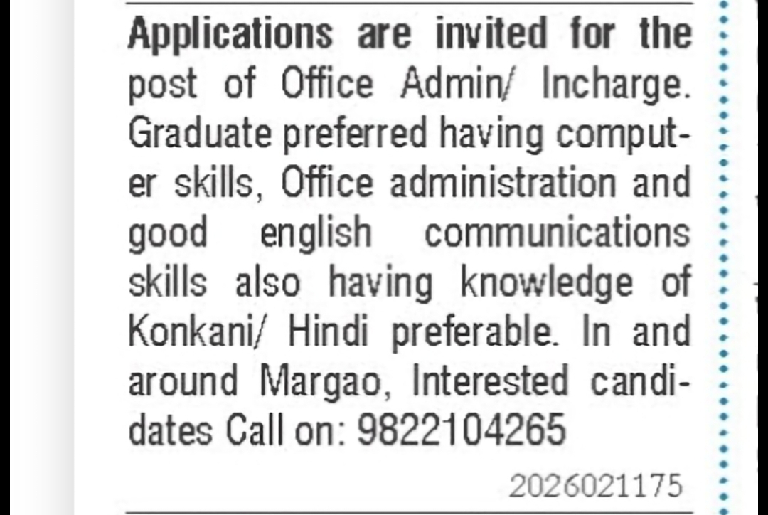 Office Admin / Incharge Required – Margao