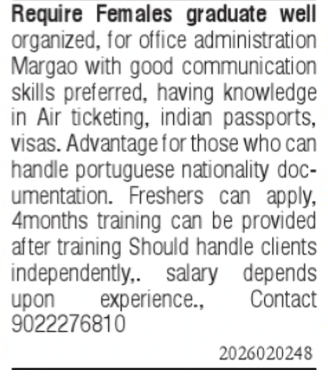 Office Administration Executive Required in Margao