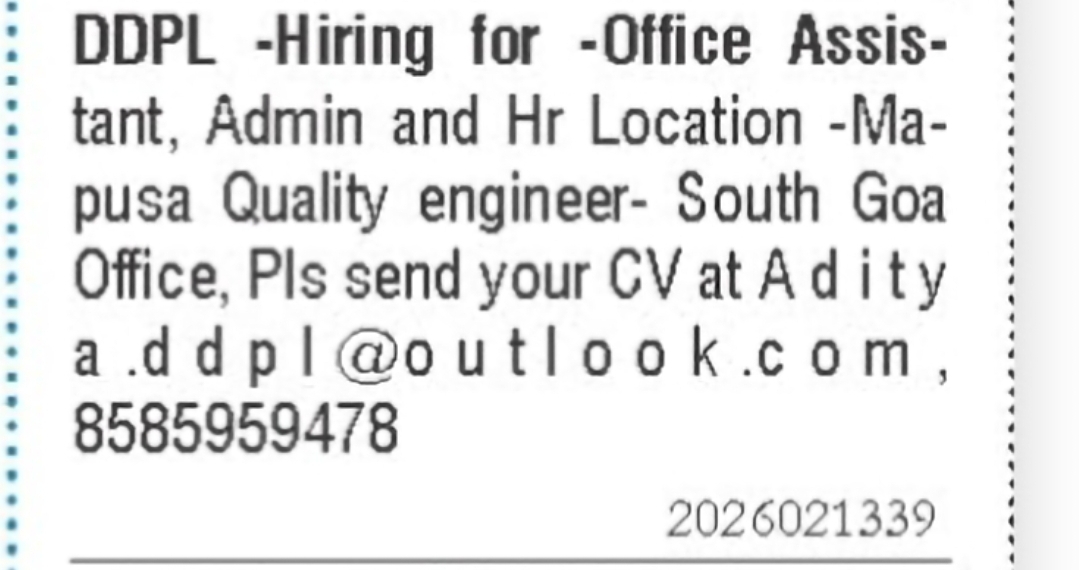 Office Assistant, Admin, HR & Quality Engineer – DDPL
