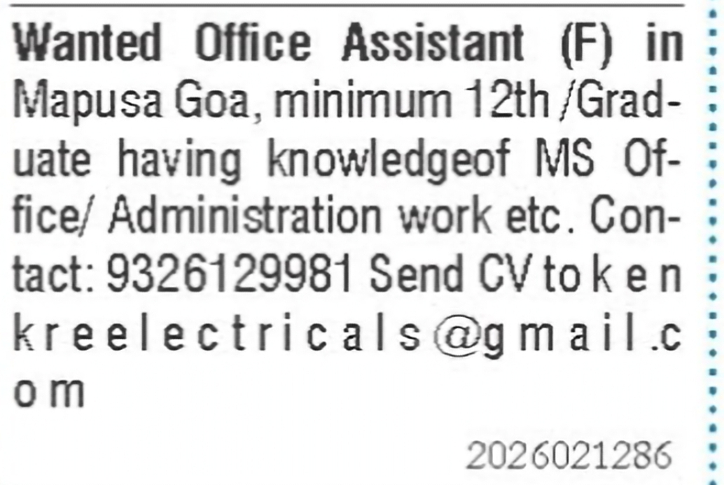 Office Assistant Required in Mapusa