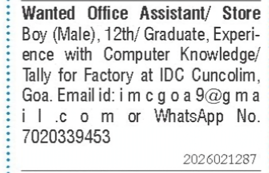 Office Assistant / Store Boy Required in Cuncolim