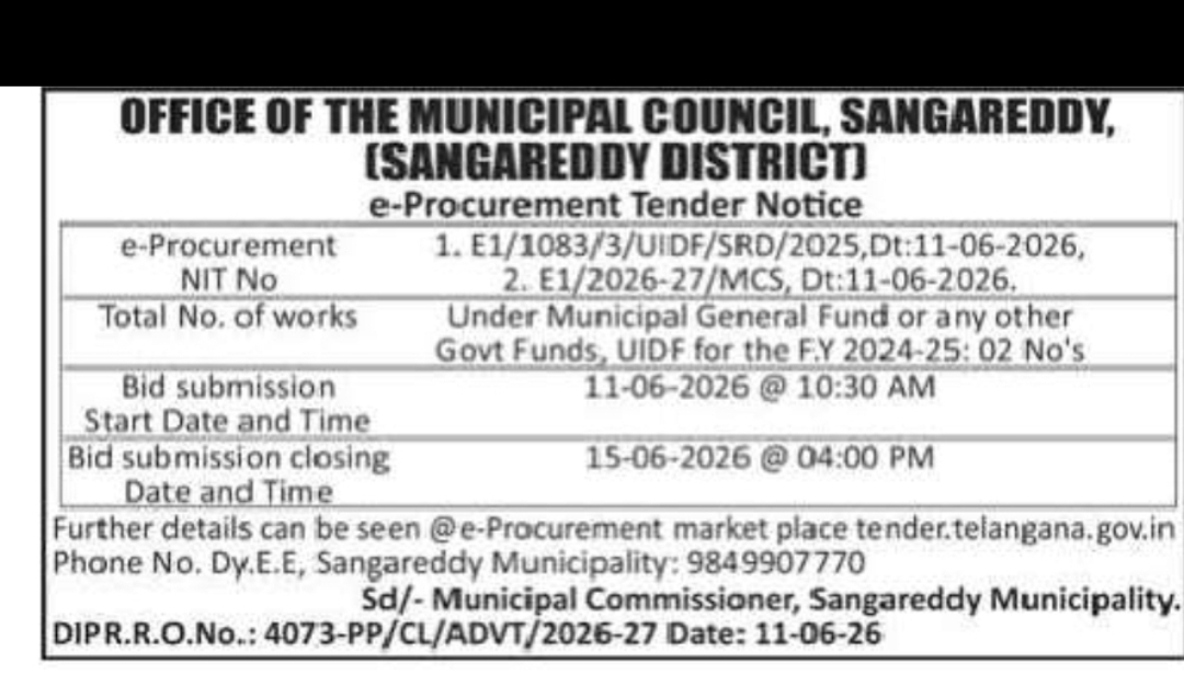OFFICE OF THE MUNICIPAL COUNCIL, SANGAREDDY Sangareddy District – e-Procurement Tender Notice