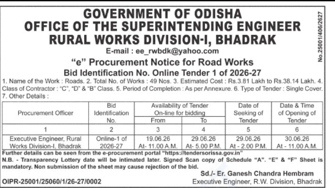 OFFICE OF THE SUPERINTENDING ENGINEER, RURAL WORKS DIVISION-I, BHADRAK