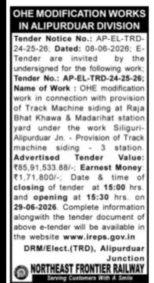 OHE Modification Works in Alipurduar Division – E-Tender Notice