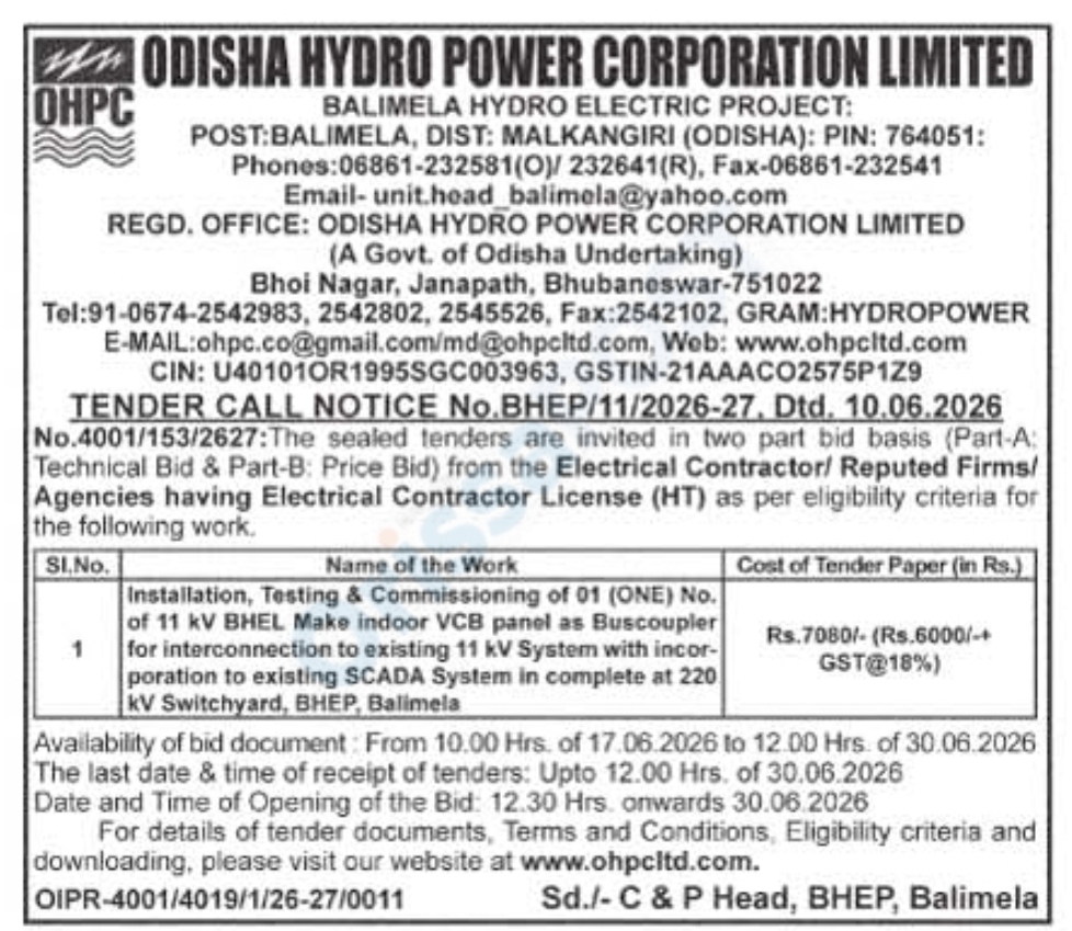 OHPC Invites Bids for Installation and Commissioning of 11 kV VCB Panel at BHEP Balimela