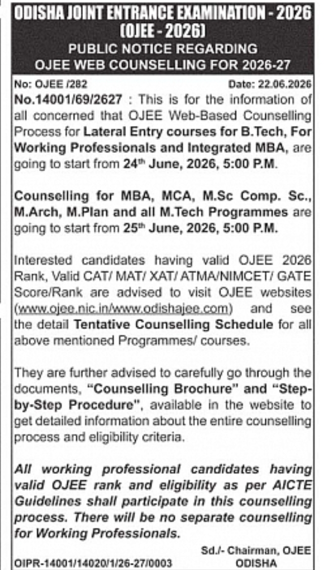 OJEE Web Counselling 2026–27 Public Notice