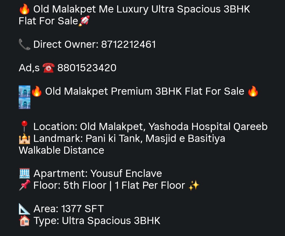 Old Malakpet – Premium Ultra Spacious 3BHK Flat for Sale