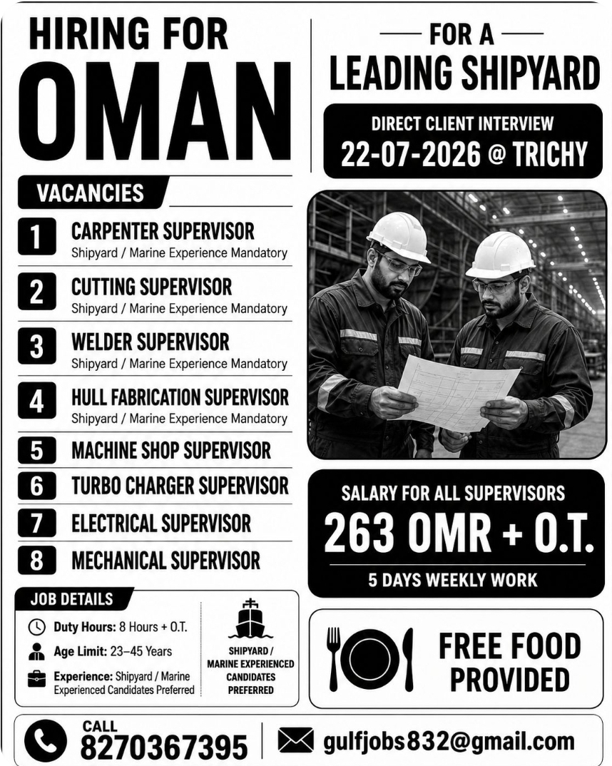 Oman Shipyard Hiring – Direct Client Interview in Trichy