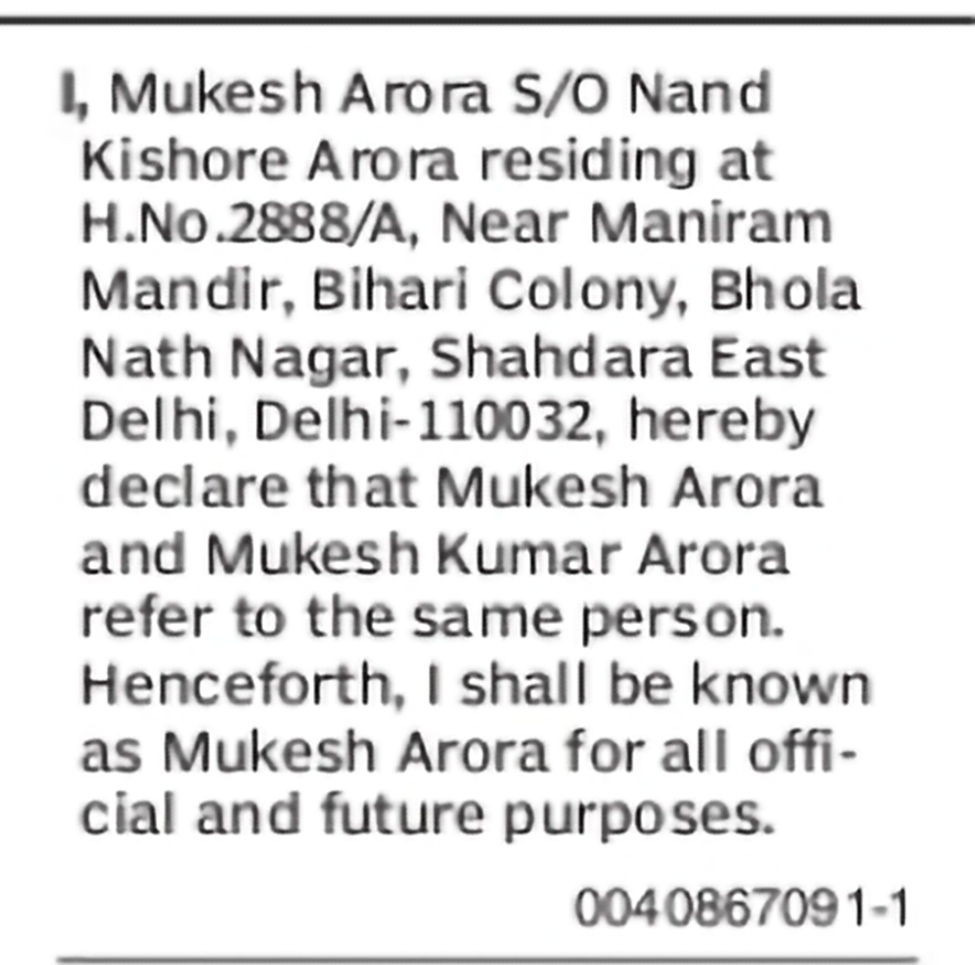 One and the Same Person Declaration – Mukesh Arora and Mukesh Kumar Arora