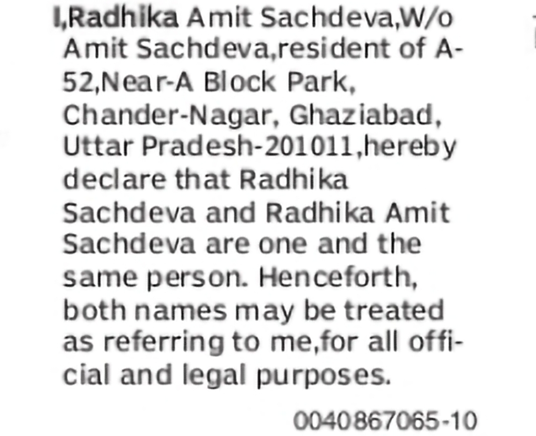 One and the Same Person Declaration – Radhika Sachdeva and Radhika Amit Sachdeva