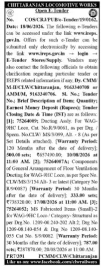 OPEN E-TENDER NOTICE CHITTARANJAN LOCOMOTIVE WORKS (CLW)