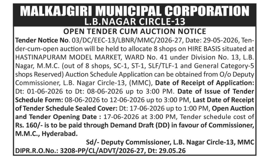 Open Tender-cum-Auction for Shops at Hastinapuram Model Market, L.B. Nagar