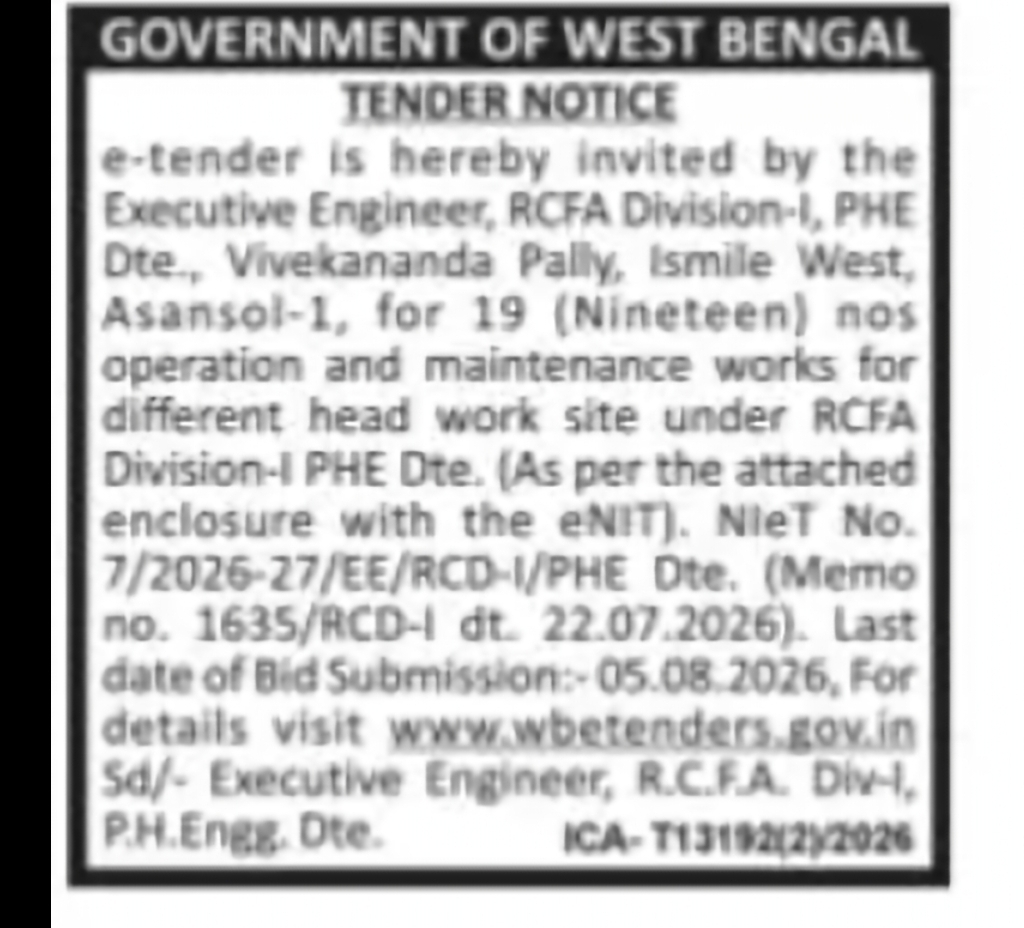 Operation and Maintenance Works under RCFA Division-I, P.H.E. Directorate
