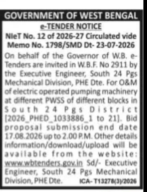 Operation & Maintenance of Electric Operated Pumping Machinery in South 24 Parganas
