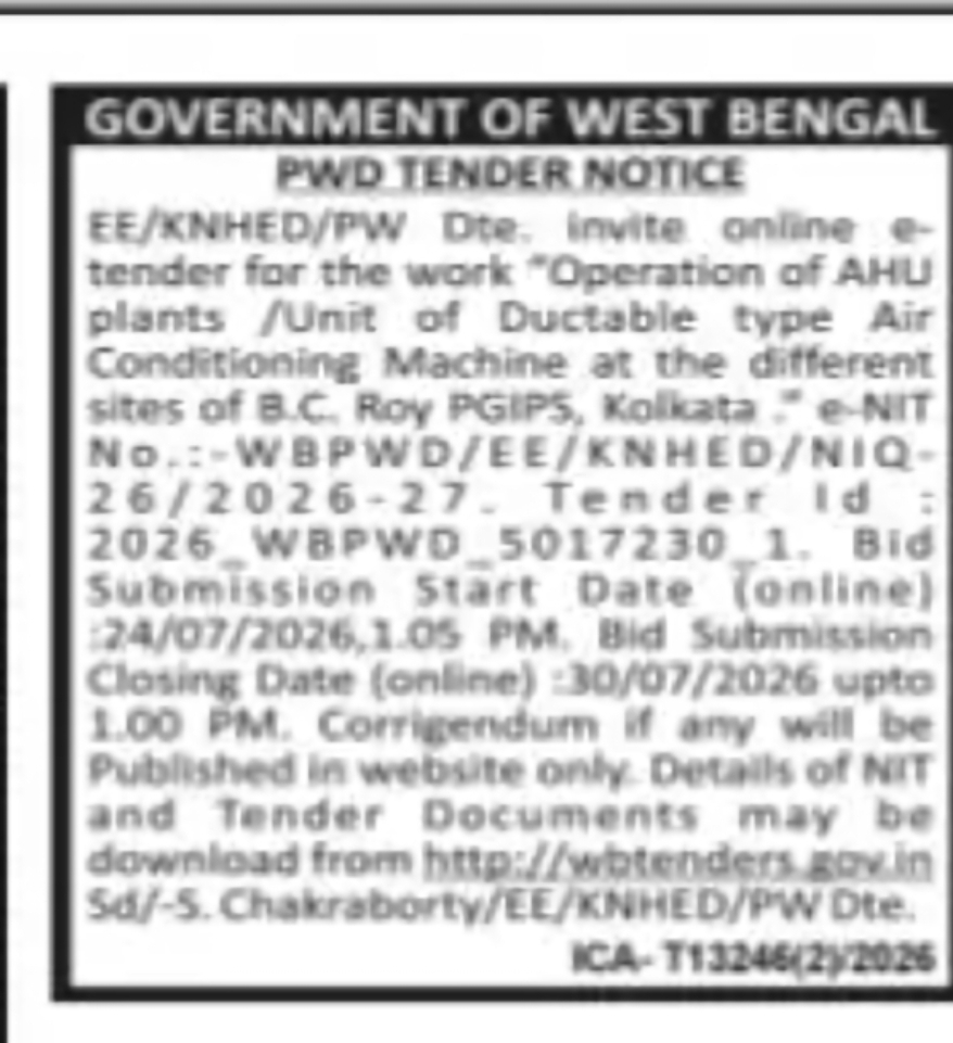 Operation of AHU Plants and Ductable Air Conditioning Units Tender