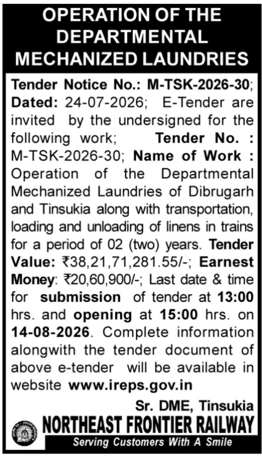 Operation of Departmental Mechanized Laundries Tender – Northeast Frontier Railway