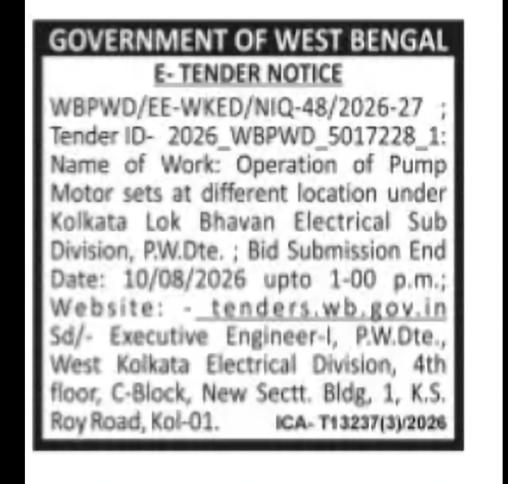 Operation of Pump Motor Sets under Kolkata Lok Bhavan Electrical Sub Division