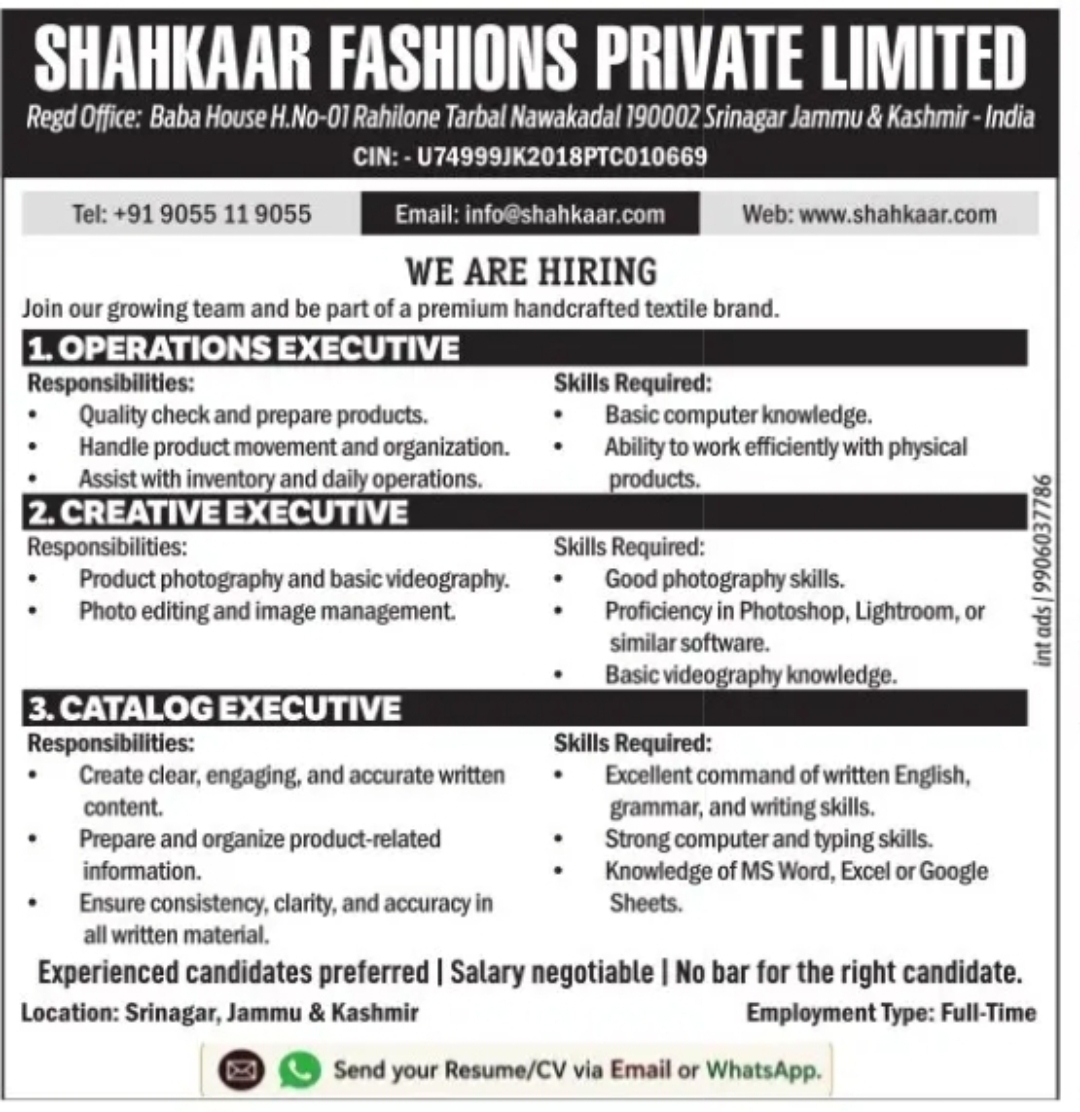 Operations Executive – Shahkaar Fashions Pvt. Ltd.