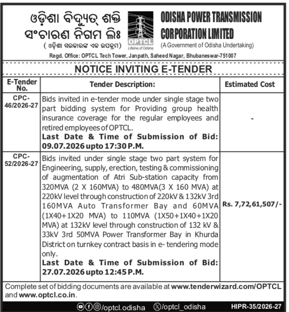 OPTCL Invites E-Tenders for Group Health Insurance and Atri Substation Augmentation Works