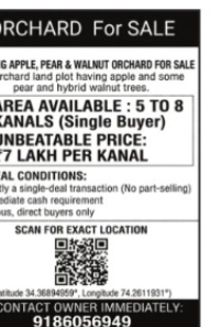 ORCHARD FOR SALE – 5 TO 8 KANALS
