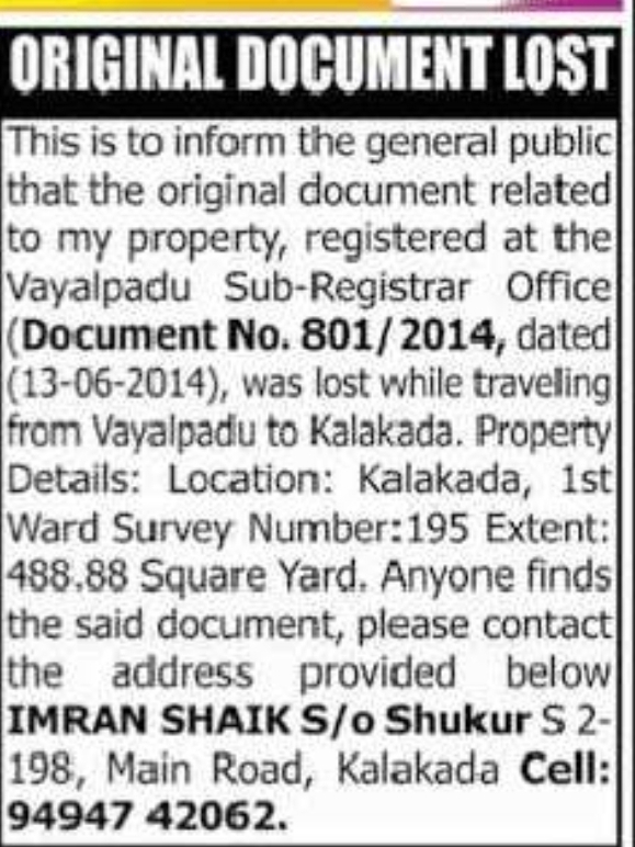 ORIGINAL DOCUMENT LOST