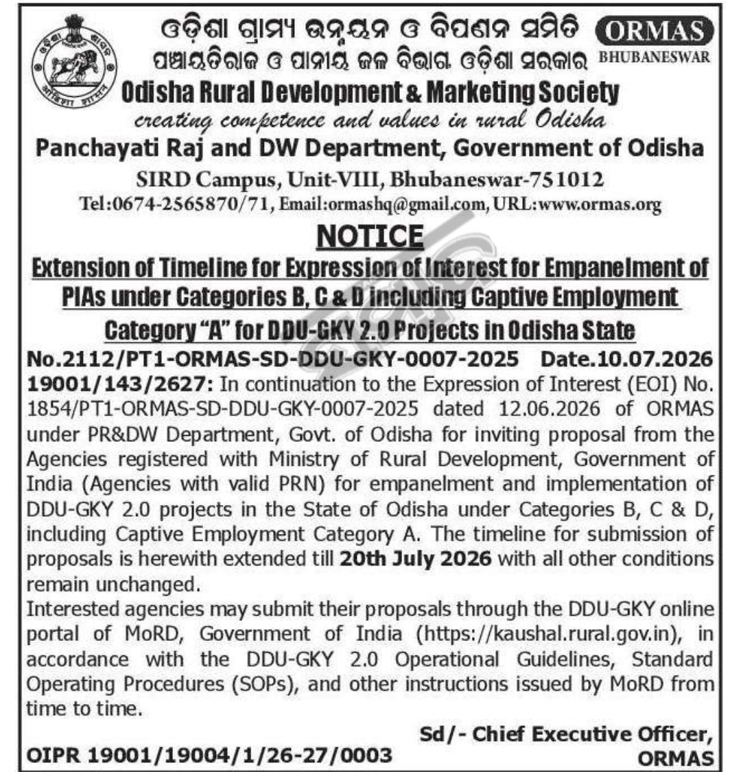 ORMAS Extends EOI Submission Deadline for DDU-GKY 2.0 PIA Empanelment in Odisha