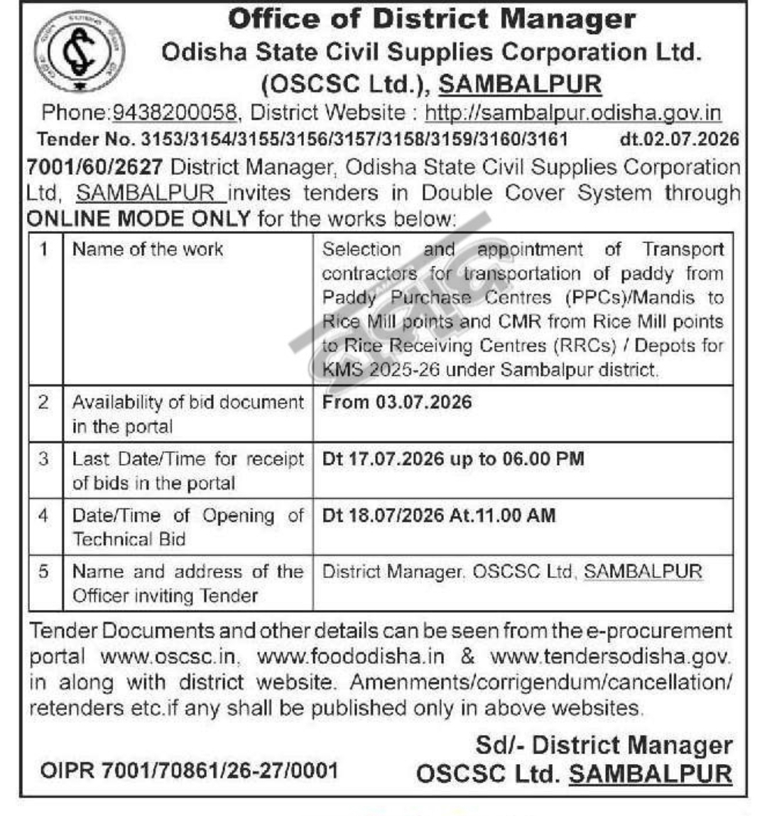 OSCSC Sambalpur Tender for Appointment of Transport Contractors for Paddy & CMR Transportation