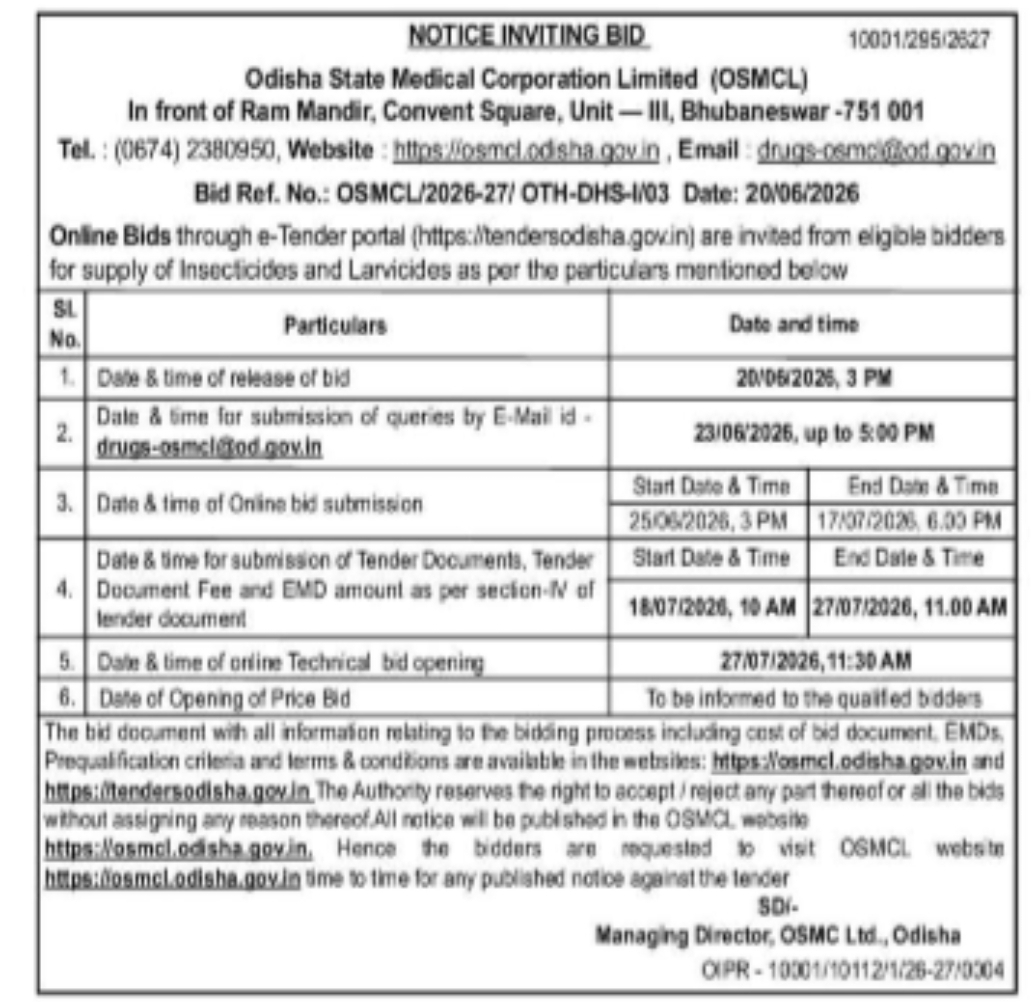 OSMCL Invites Bids for Supply of Insecticides and Larvicides in Odisha