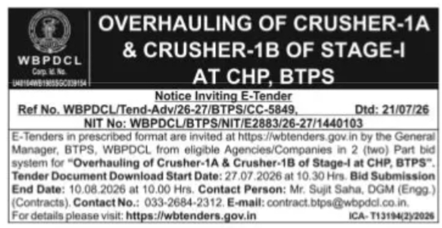 Overhauling of Crusher-1A & Crusher-1B at CHP, BTPS – WBPDCL Tender