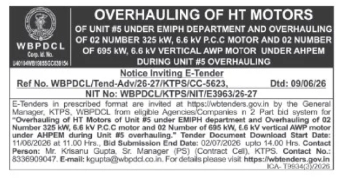 Overhauling of HT Motors – Unit #5 (KTPS) – WBPDCL