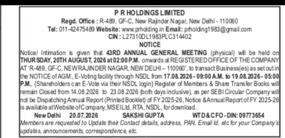 P R Holdings Limited – 43rd Annual General Meeting Notice