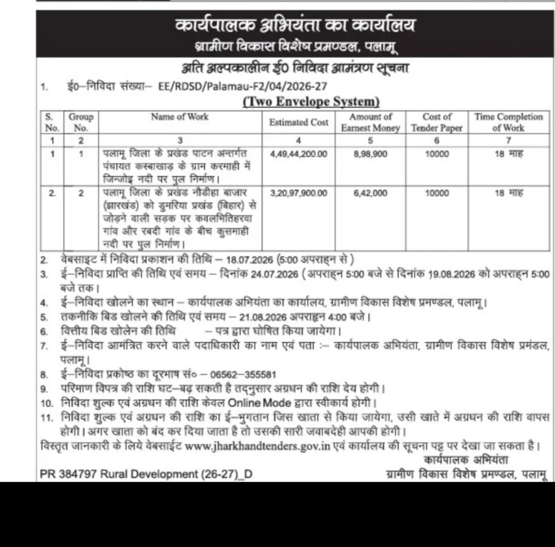 Palamu Rural Development Special Division Invites E-Tenders for Bridge Construction Projects