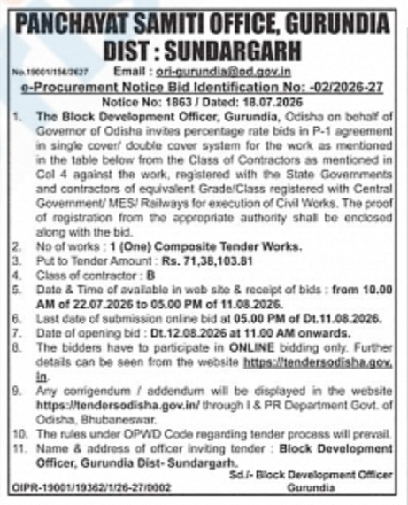 Panchayat Samiti Gurundia Invites e-Tender for Composite Civil Work – Sundargarh, Odisha