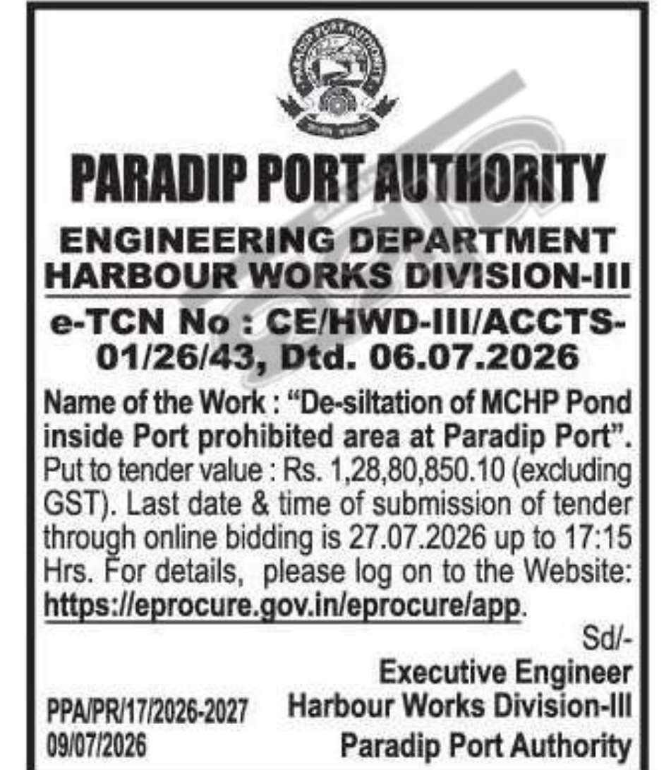 Paradip Port Authority Invites e-Tender for De-siltation of MCHP Pond