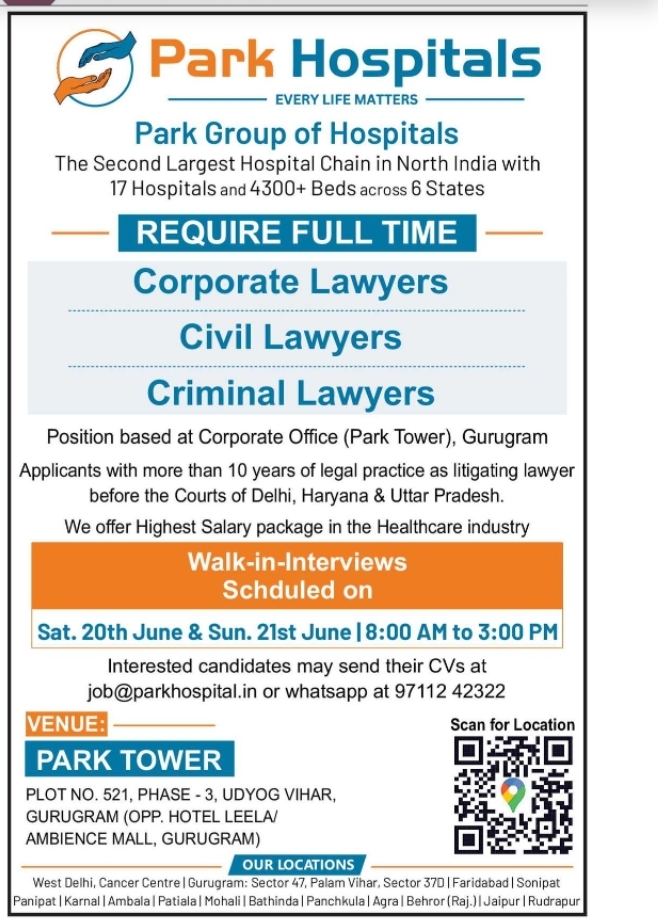 Park Group of Hospitals Hiring Corporate, Civil & Criminal Lawyers – Walk-in Interview at Gurugram