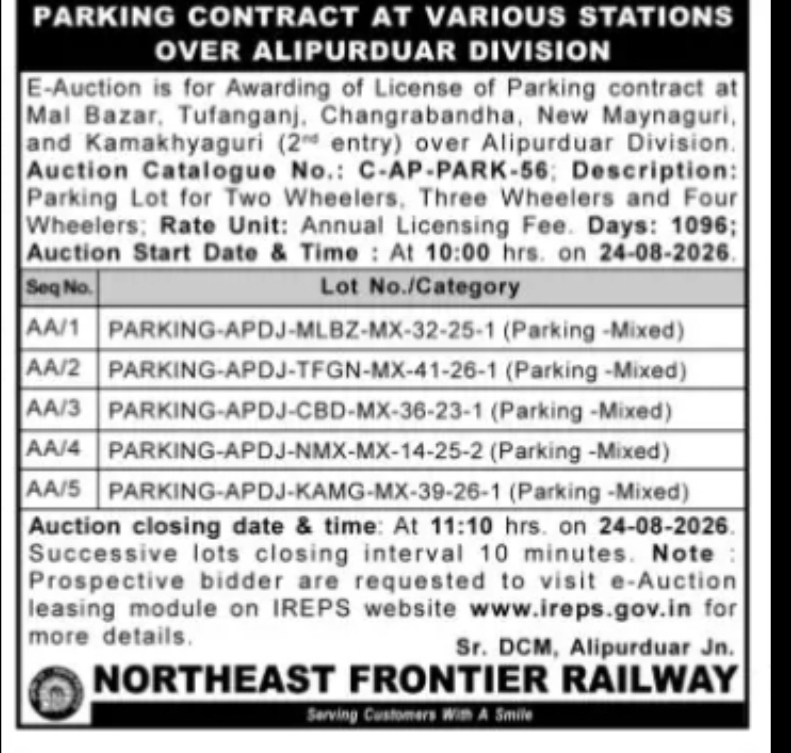 PARKING CONTRACT AT VARIOUS STATIONS – ALIPURDUAR DIVISION