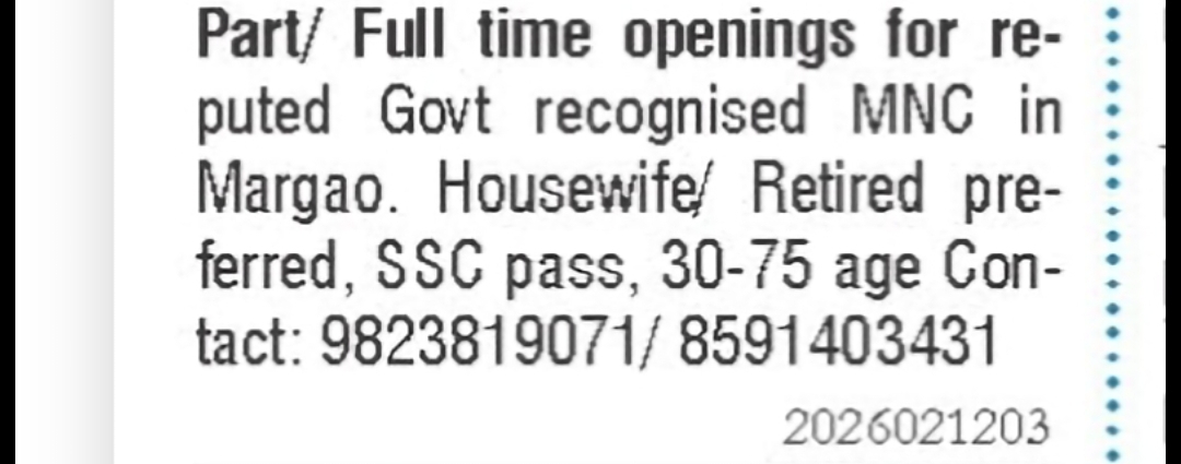 Part-Time / Full-Time Openings in MNC – Margao