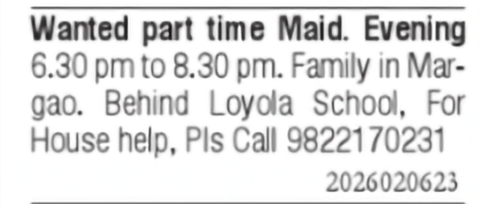 Part-Time Maid Required – Margao