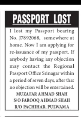 Passport Lost – Muzafar Ahmad Shah