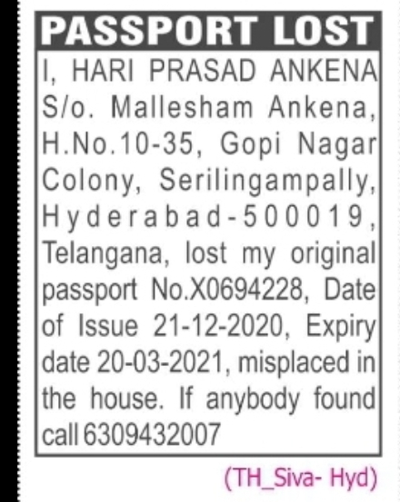 Passport Lost Notice Passport No. X0694228.