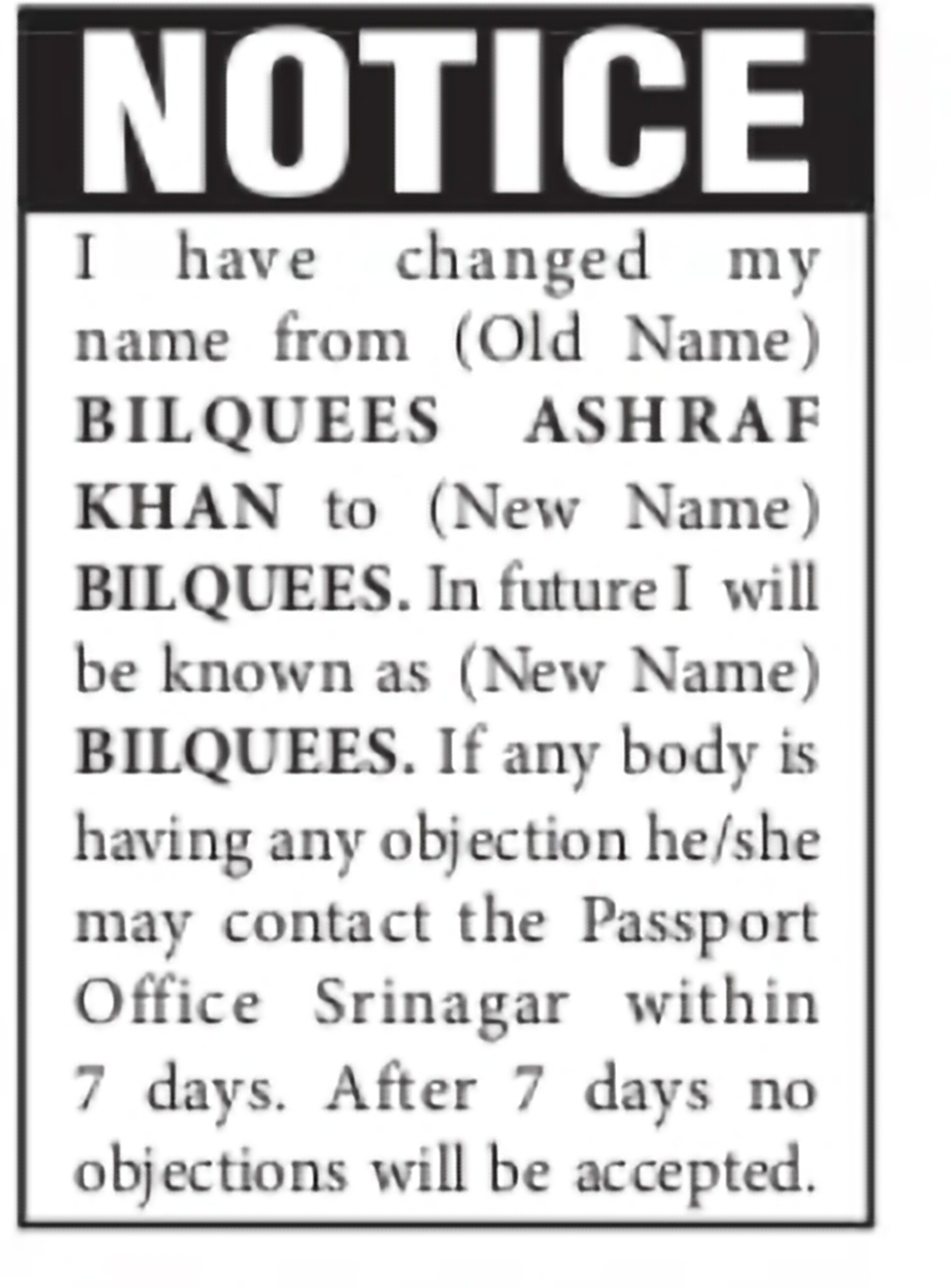 Passport Name Change Notice – Bilquees