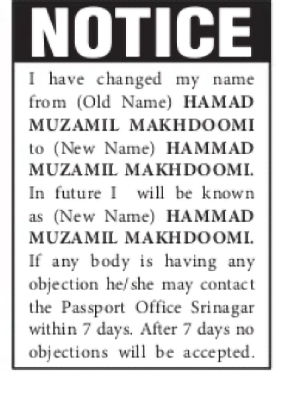 Passport Name Change Notice – Hammad Muzamil Makhdoomi