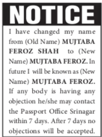 Passport Name Change Notice – Mujtaba Feroz