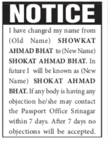 Passport Name Change Notice – Shokat Ahmad Bhat