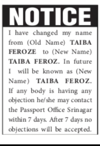 Passport Name Change Notice – Taiba Feroz