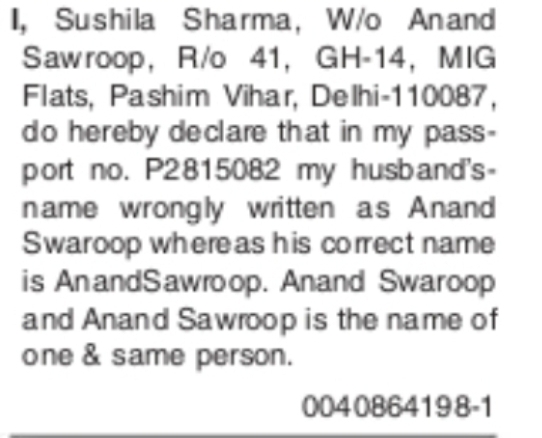 Passport Name Correction Declaration – Sushila Sharma