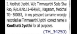 Passport Name Correction Notice – Koothati Jyothi