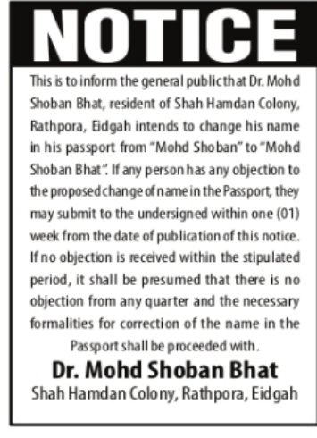 Passport Name Correction Notice – Mohd Shoban to Mohd Shoban Bhat