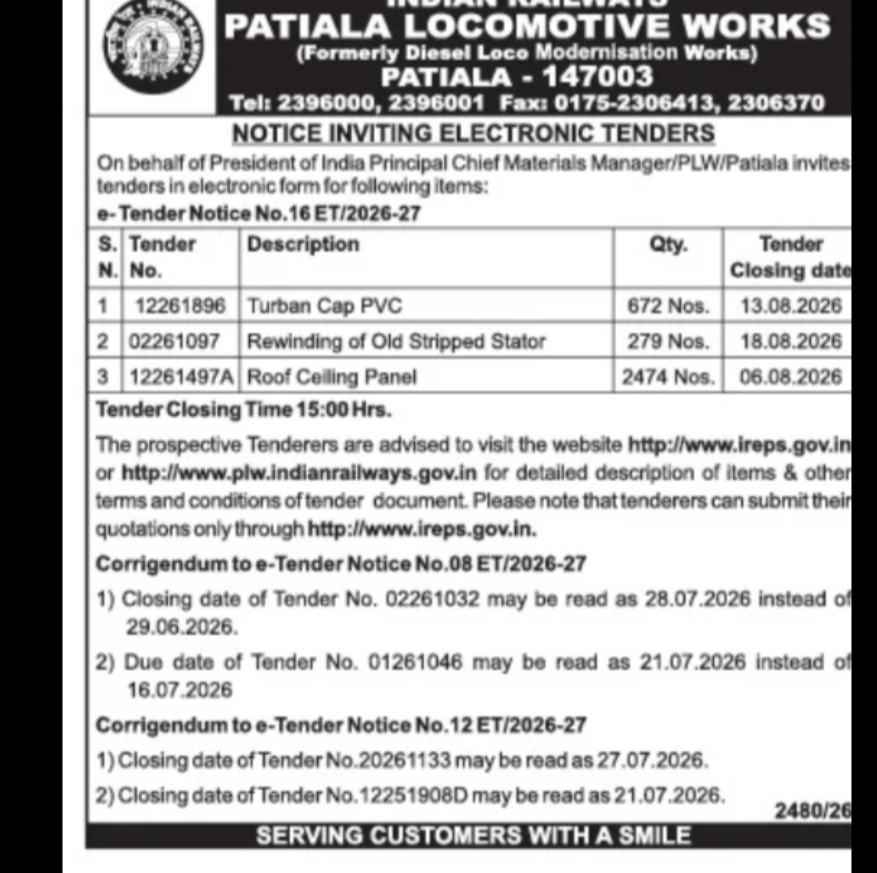 Patiala Locomotive Works Invites Electronic Tenders for Supply and Service Works